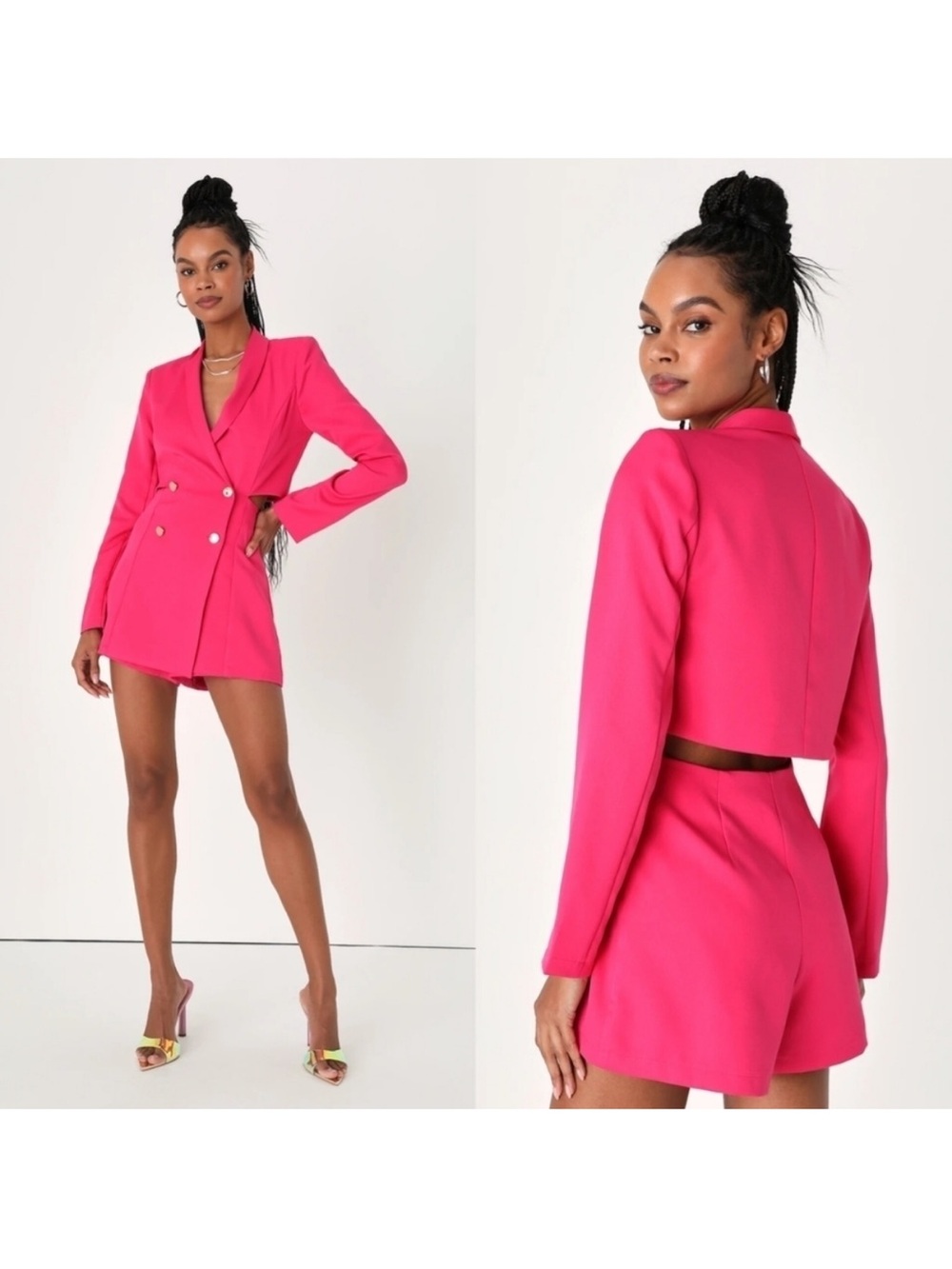 Lulu’s Hot Pink Double-Breasted Blazer Romper